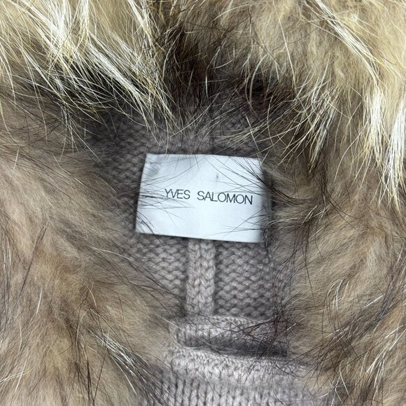 Yves Salomon Cashmere Sweater Cardigan Raccoon Fur Collar Brown Luxury Designer - Picture 5 of 12